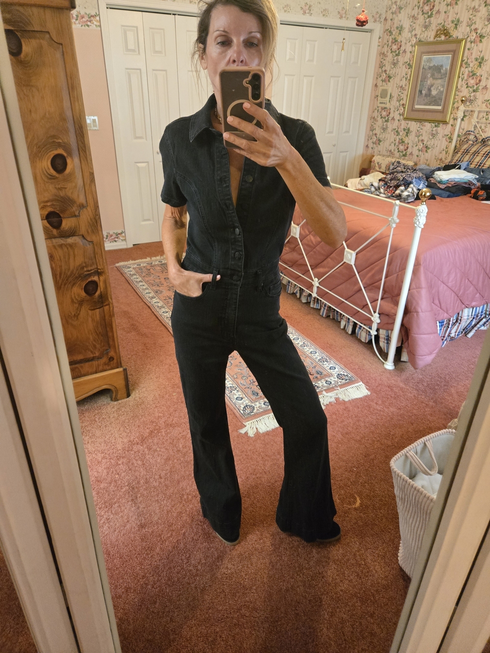 Jessica Simpson Black Short-Sleeve Denim Jumpsuit